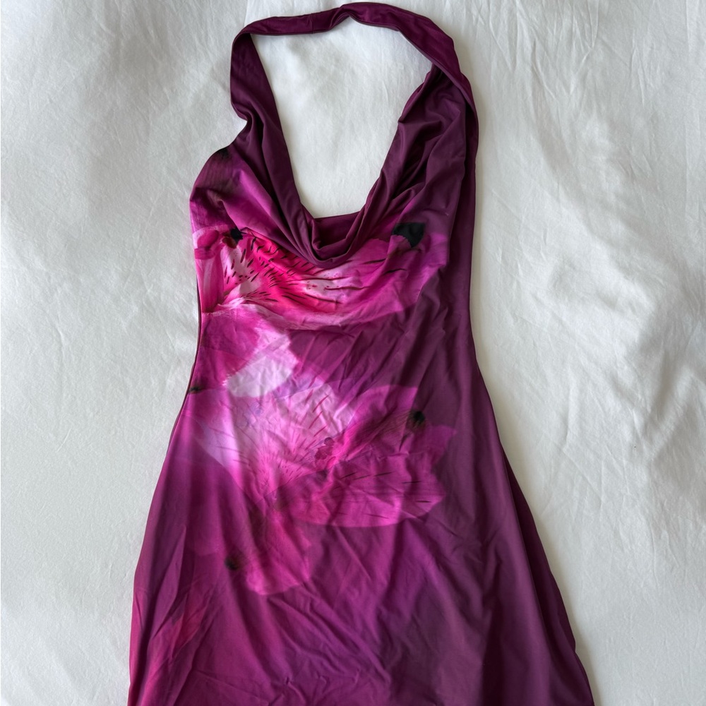White Fox Purple Low Cit Flower Print Mini Backless Dress